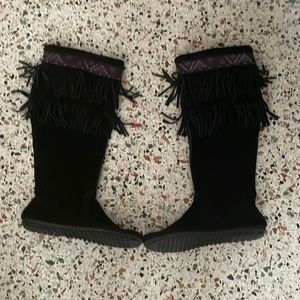 Minnetonka knee high fringe boots